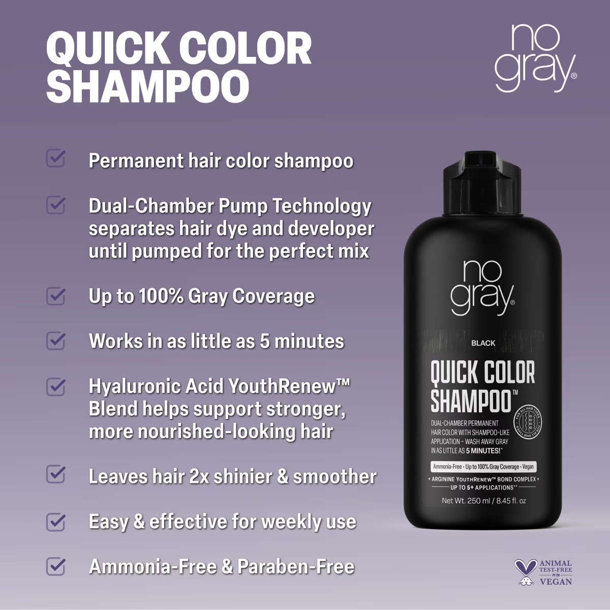 Dầu Gội Phủ Đen Tóc No Gray Quick Color Shampoo Black – Chai 8.45 Oz 