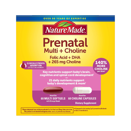 Viên Uống Vitamin Tổng Hợp cho Mẹ Bầu Nature Made Prenatal Multi + Choline – Hộp 120 Viên