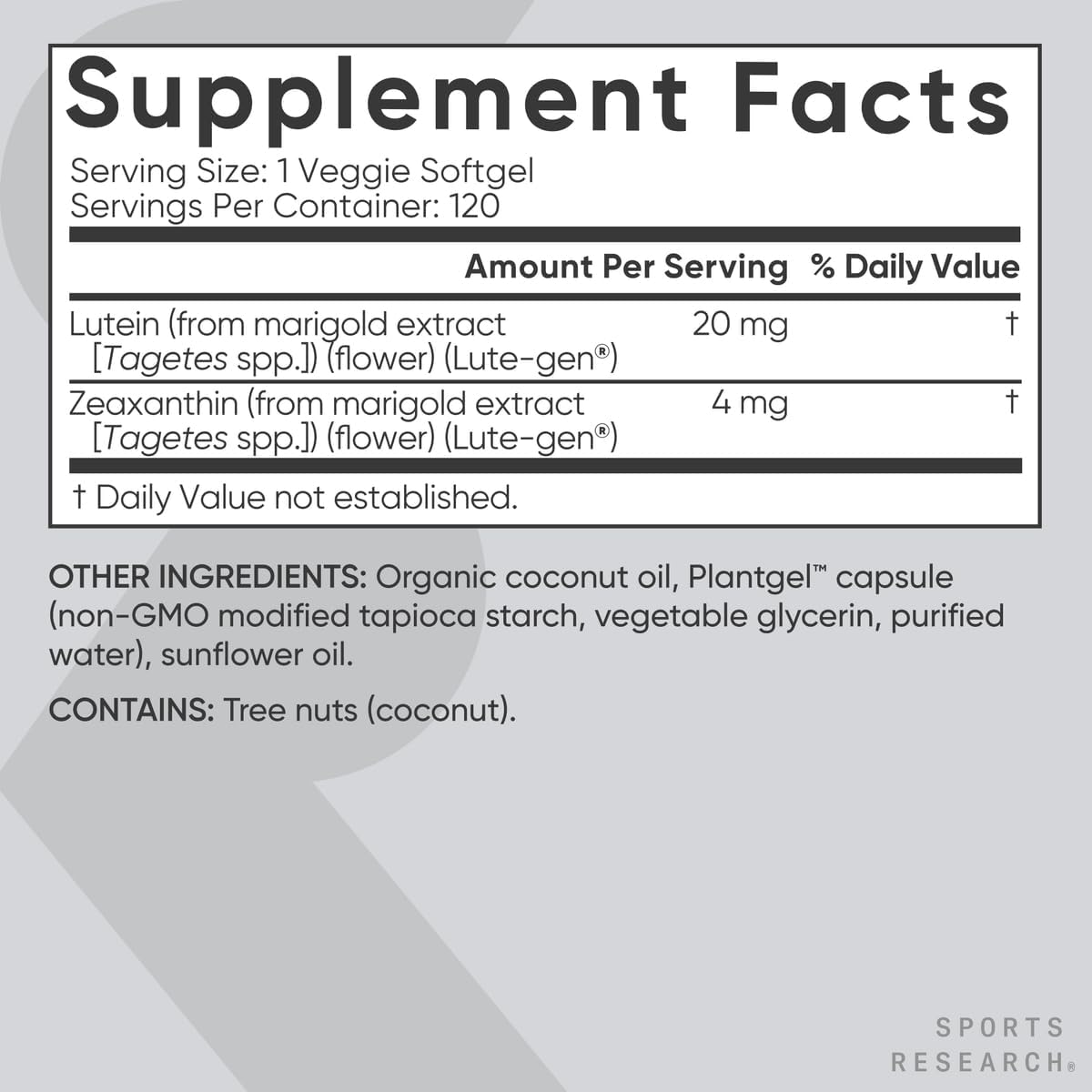 Viên Uống Hỗ Trợ Mắt Sports Research Lutein + Zeaxanthin Với Dầu Dừa Hữu Cơ – Hộp 120 Viên