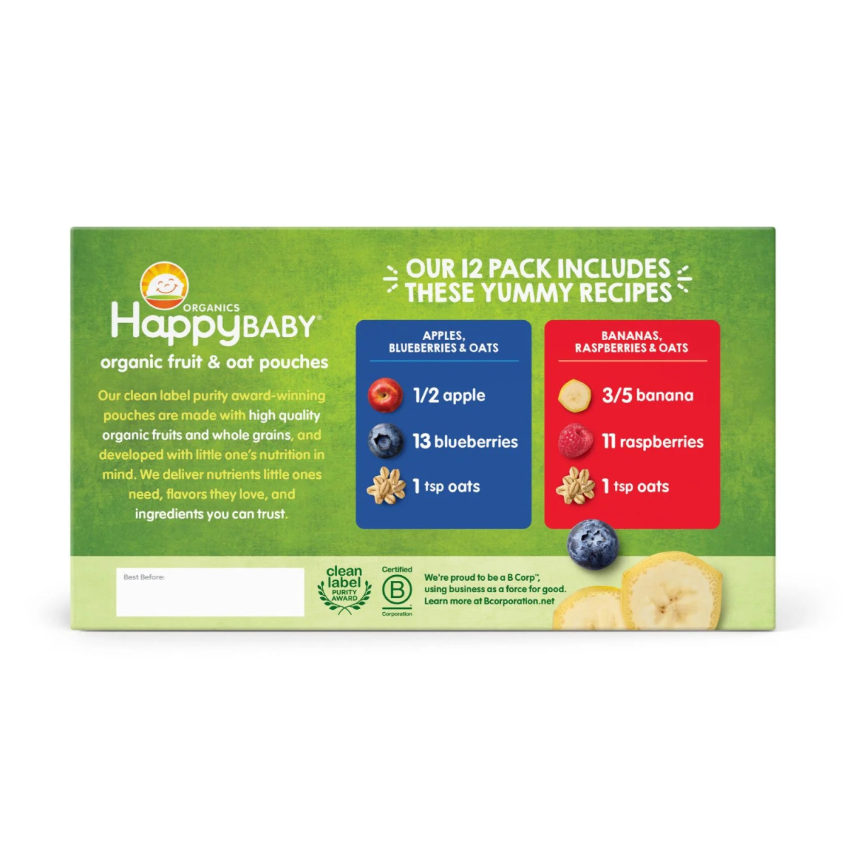 HappyBABY Organics Clearly Crafted Fruit & Veggie Pouches, Variety Pack, 12 ct., 4 oz.