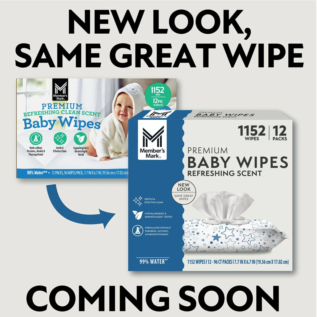 Khăn Ướt Member's Mark Premium Baby Wipes Refreshing Clean Scent - Hộp 12 Gói (Tổng 1152 Khăn)