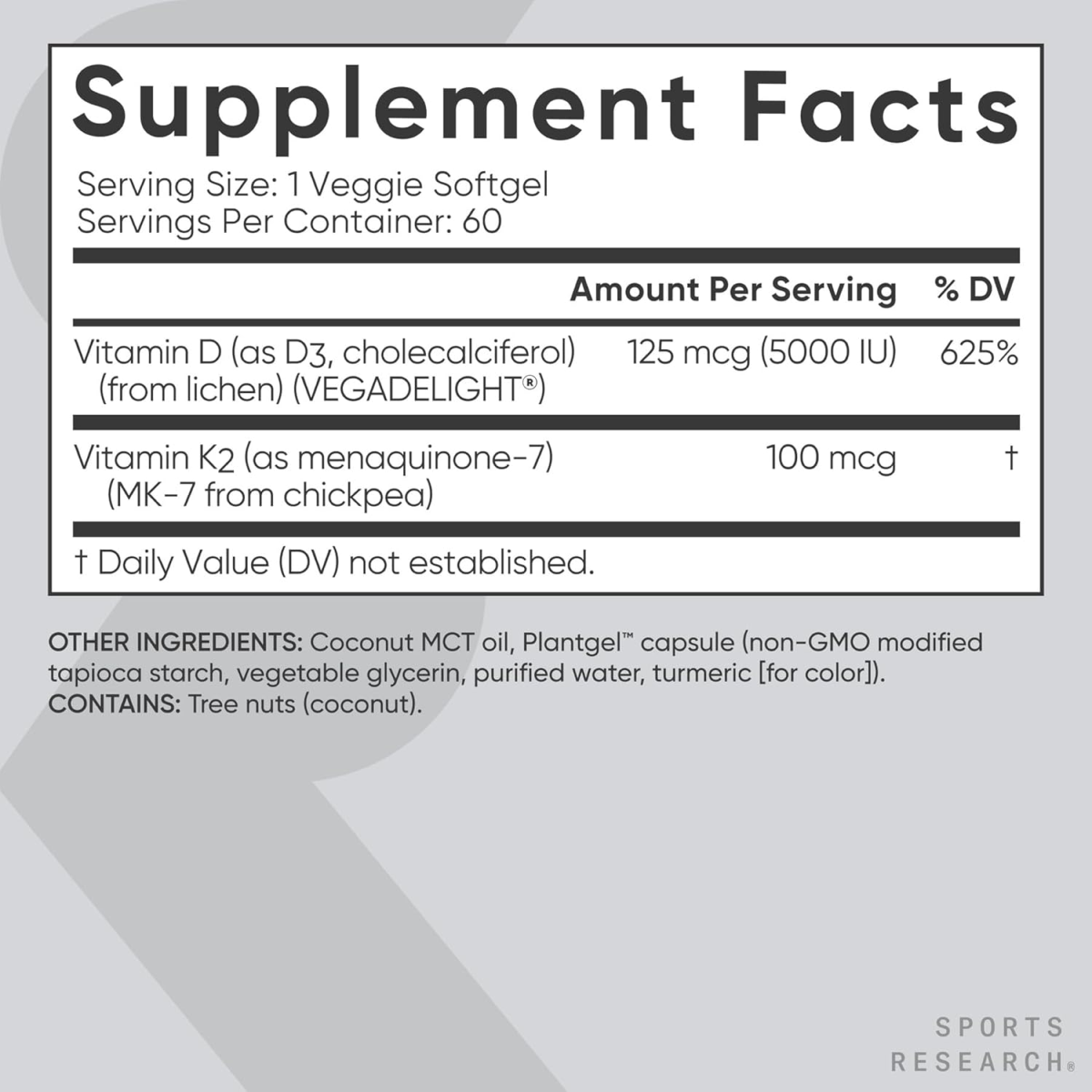Viên Uống Sports Research D3 + K2 with Coconut Oil – Hộp 60 Viên