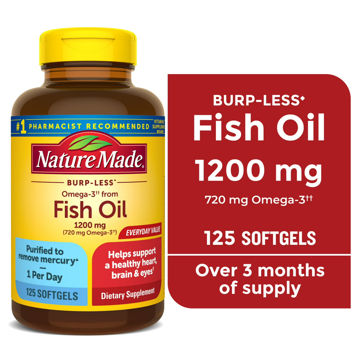 Viên Uống Dầu Cá Omega-3 Nature Made Burp Less Omega-3 Fish Oil 1200mg – Hộp 125 Viên