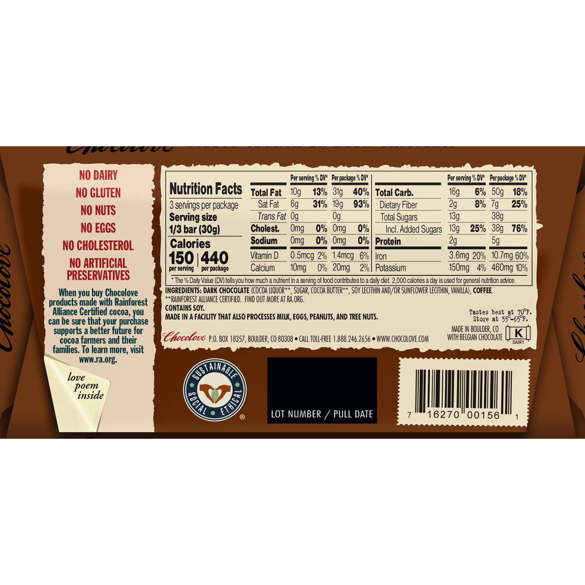 Kẹo Socola Chocolove Coffee Crunch in Dark Chocolate – Hộp 12 Thanh