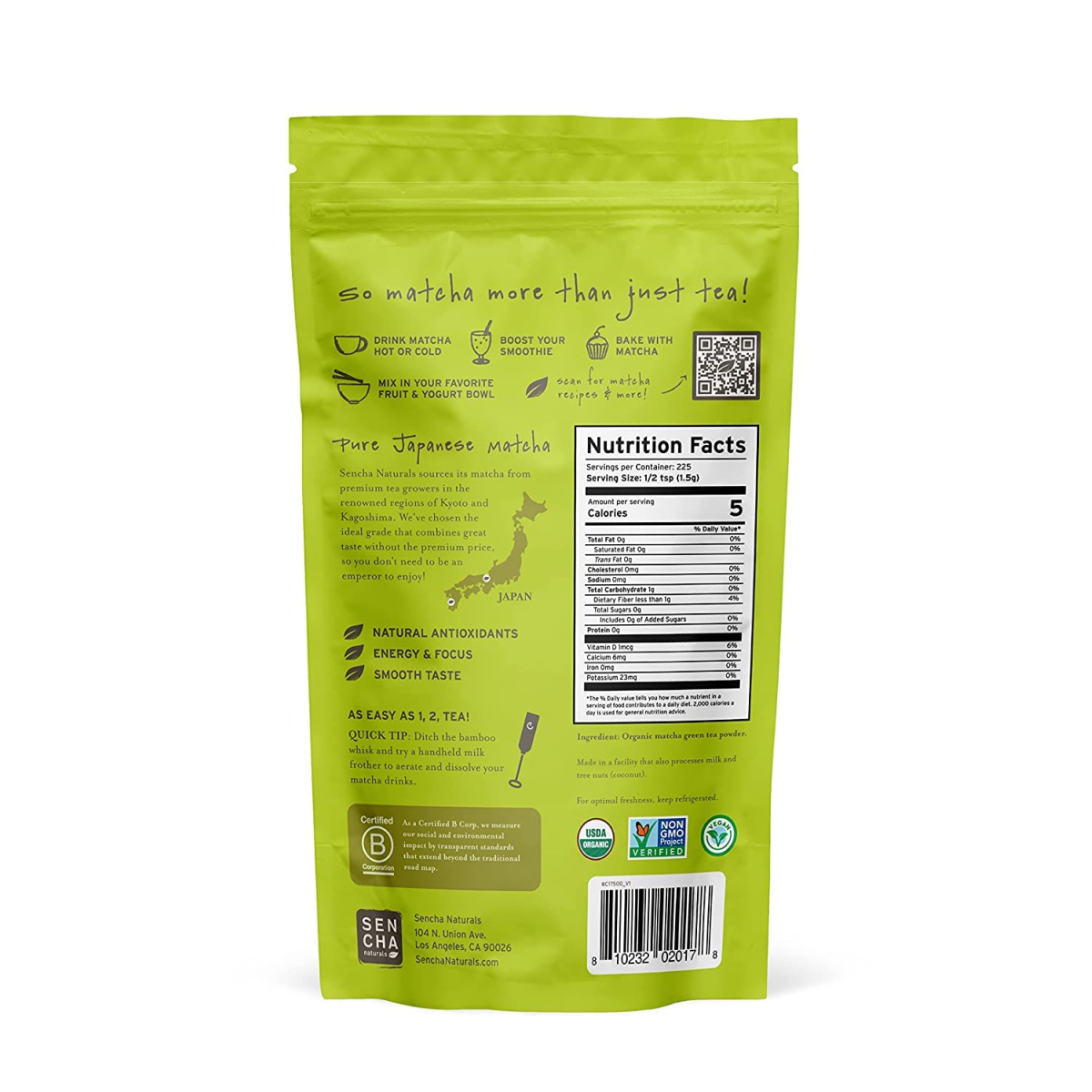 Bột Trà Xanh Nhật Bản Hữu Cơ Sencha Naturals Organic Everyday Matcha – Túi 12 Oz