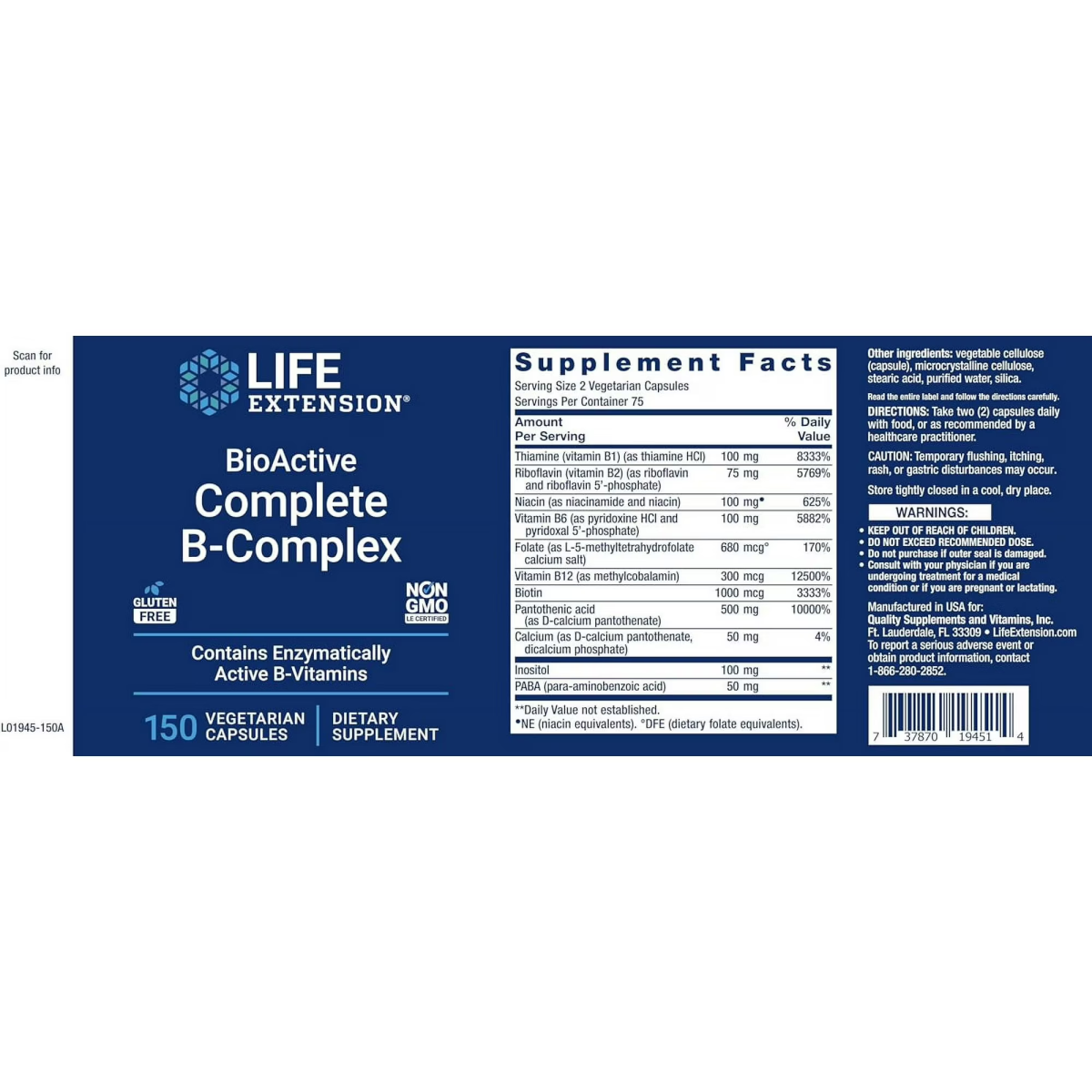Viên Uống Vitamin Nhóm B Life Extension BioActive Complete B-Complex – Hộp 150 Viên