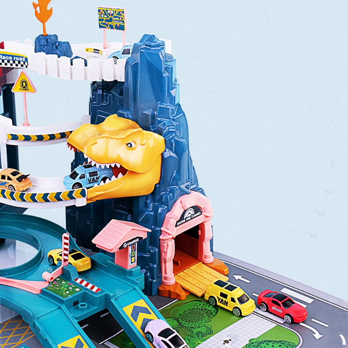 Bộ Đồ Chơi Đường Đua Khủng Long Leo Núi JUQIC Dinosaur Climbing Hills Railcar Track – Kèm 12 Xe Mô Hình