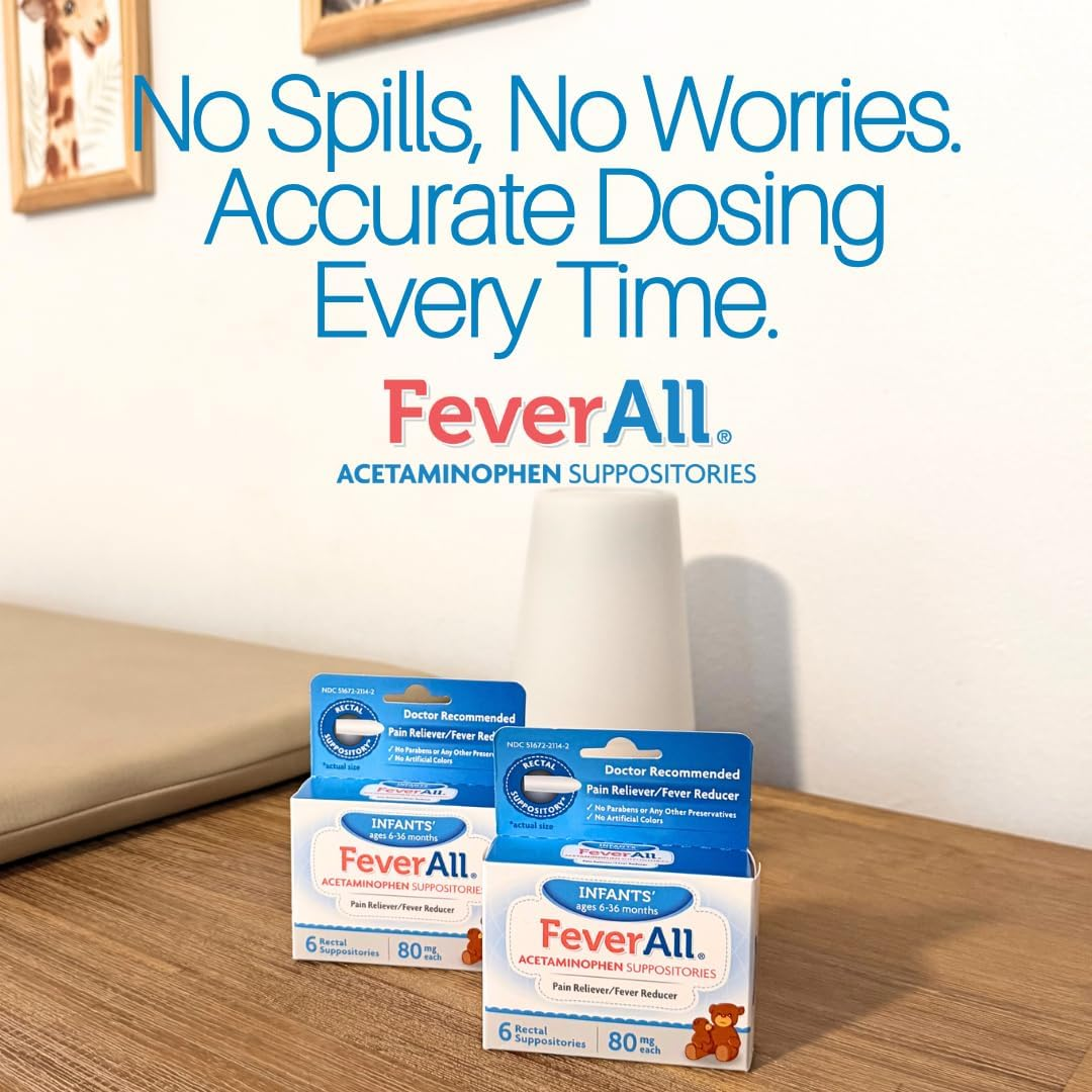 Thuốc đặt hậu môn hạ sốt, giảm đau cho trẻ 6–36 tháng FeverAll Infants Acetaminophen Suppositories 80mg – Set 2 Hộp x 6 Viên