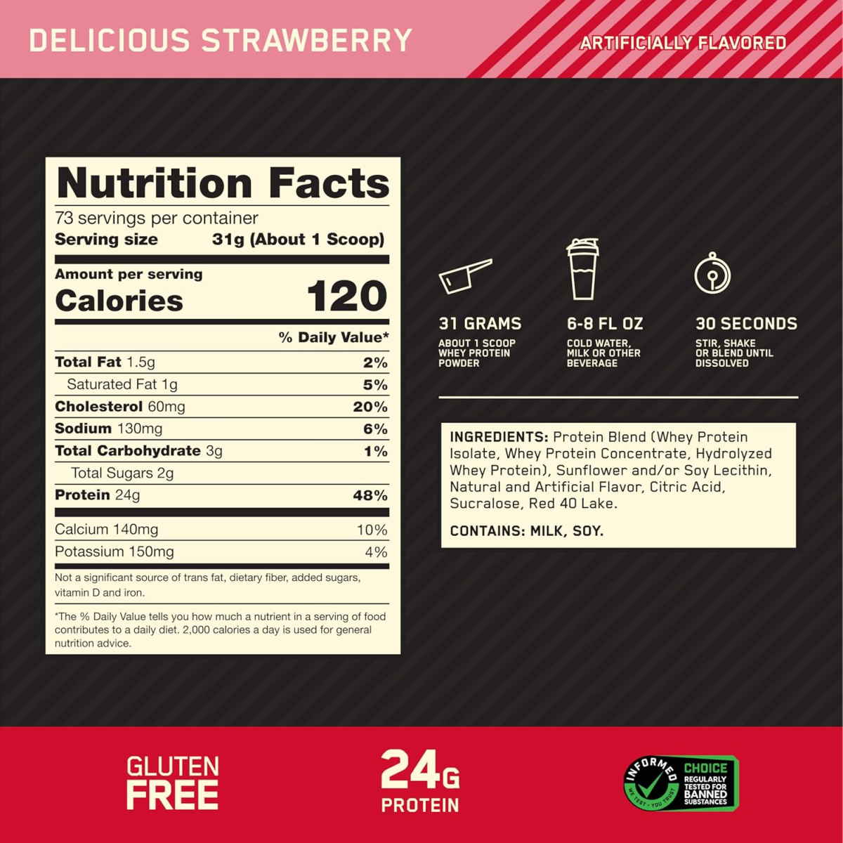 Bột Whey Protein Hương Dâu Optimum Nutrition Gold Standard 100% Whey Delicious Strawberry - Hộp 5LB
