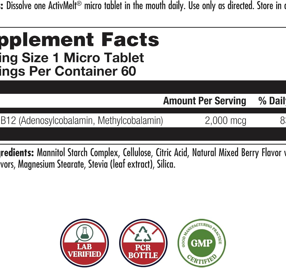 Viên Ngậm Bổ Sung Vitamin B12 KAL B-12 Methylcobalamin & Adenosylcobalamin 2000 mcg Vị Berry – Hộp 60 Viên