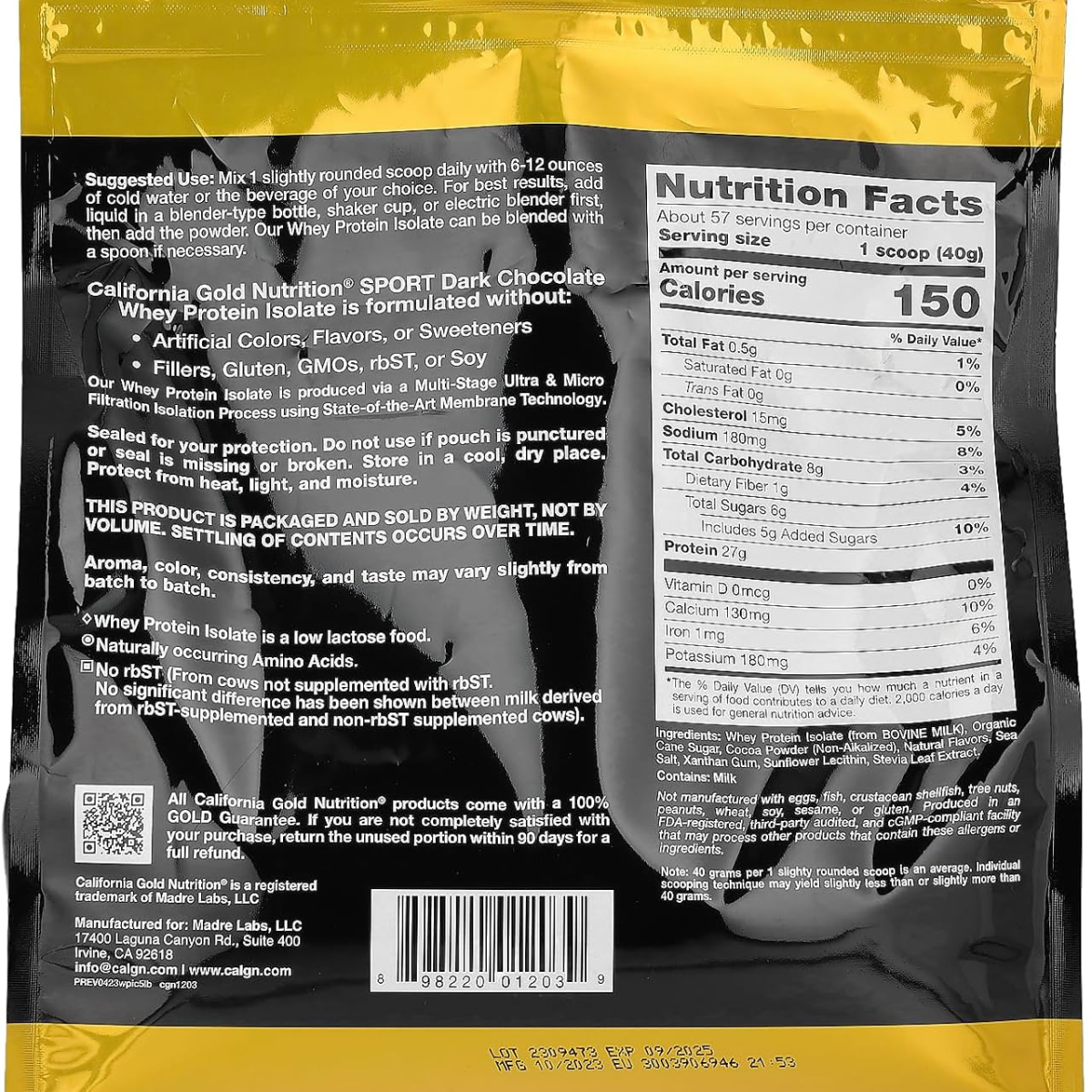 Bột Whey Vị Socola Protein Isolate California Gold Nutrition Sport Dark Chocolate – Túi 5 Lb