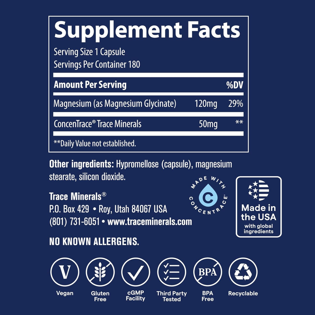 Viên Uống Magie Glycinate Trace Minerals Magnesium Glycinate 120mg –  Hộp 180 Viên