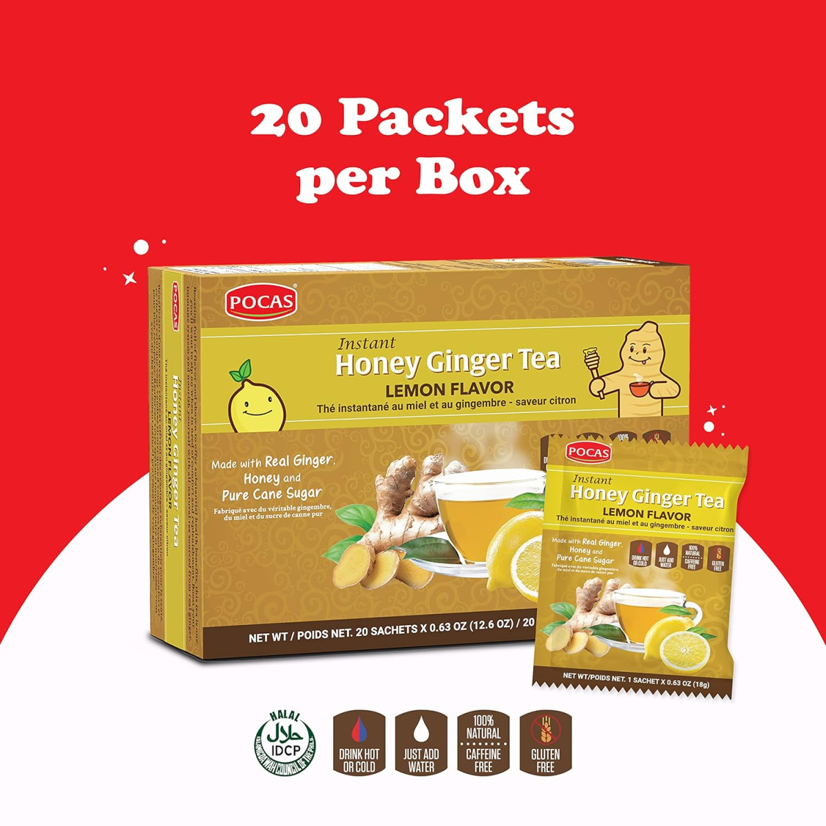 Trà Gừng Mật Ong Vị Chanh Pocas Instant Honey Ginger Tea Lemon Flavor – Set 4 Hộp x 20 gói