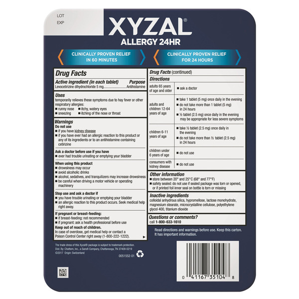 Thuốc Kháng Dị Ứng Xyzal Levocetirizine Dihydrochloride 5 mg – Hộp 110 Viên