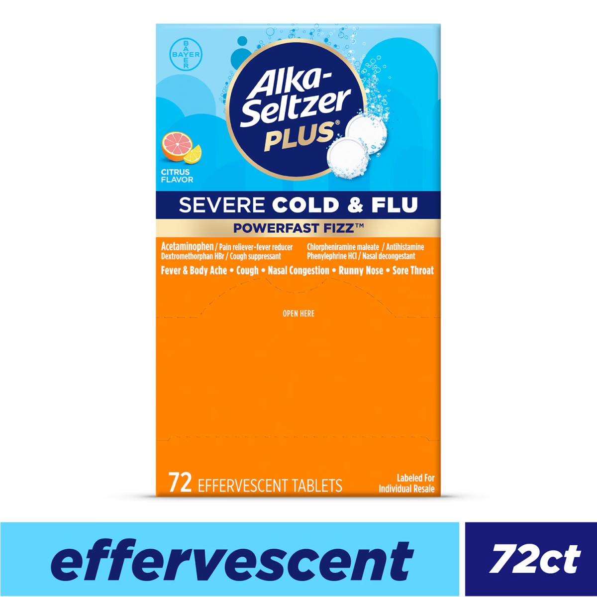 Viên Sủi Hỗ Trợ Giảm Cảm Sốt Alka-Seltzer Plus Severe Cold & Flu Effervescent Tablets Citrus – Hộp 72 Viên