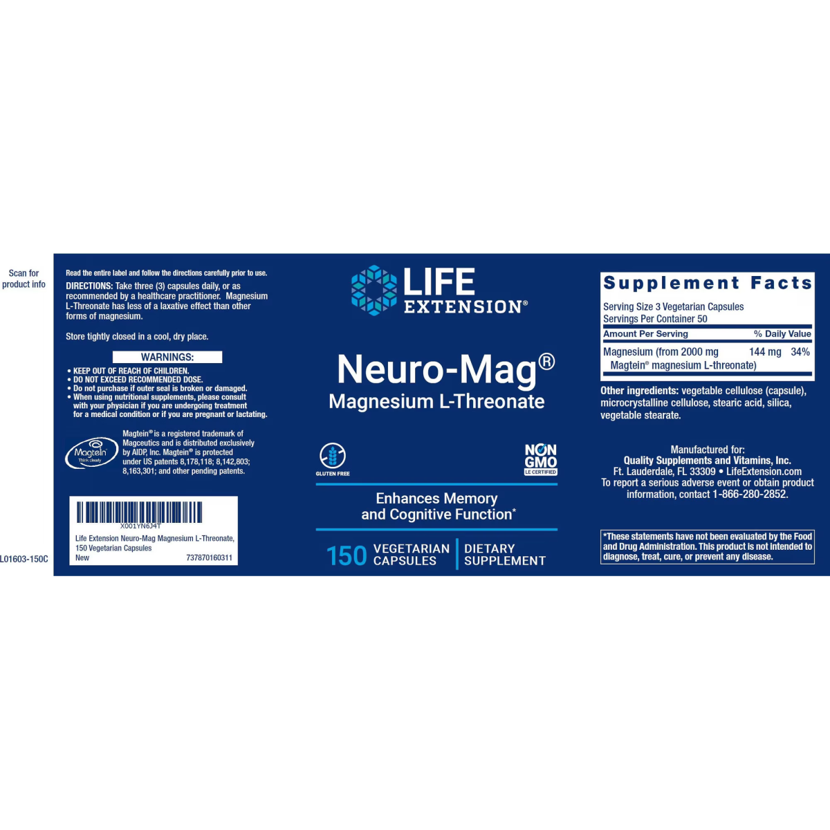 Viên Uống Bổ Sung Magie Life Extension Neuro-Mag® Magnesium L-Threonate – Hộp 150 viên
