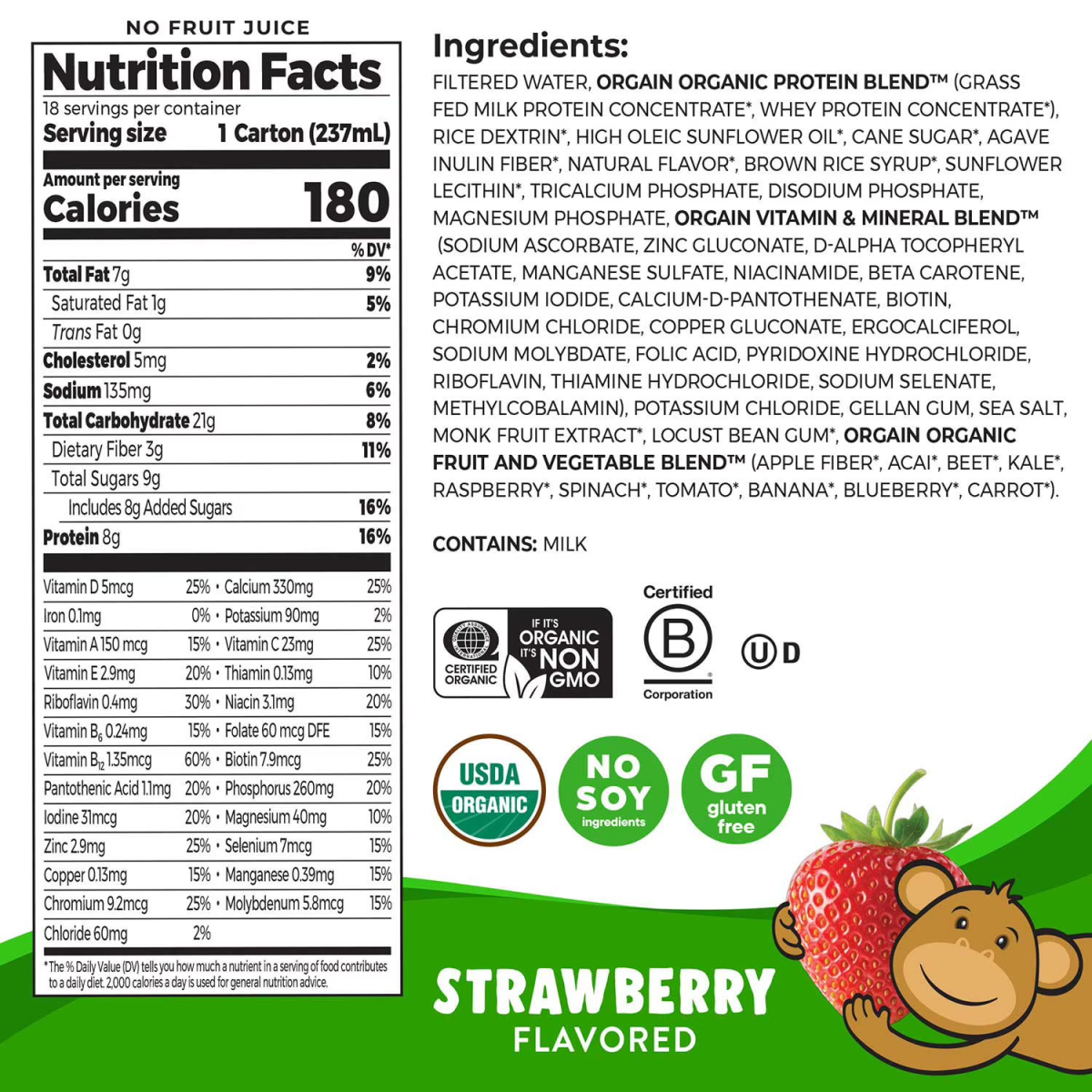 Sữa Dinh Dưỡng Hữu Cơ Vị Dâu Orgain Kids Organic Nutritional Shake Strawberry – Thùng 18 Chai x 8 Oz
