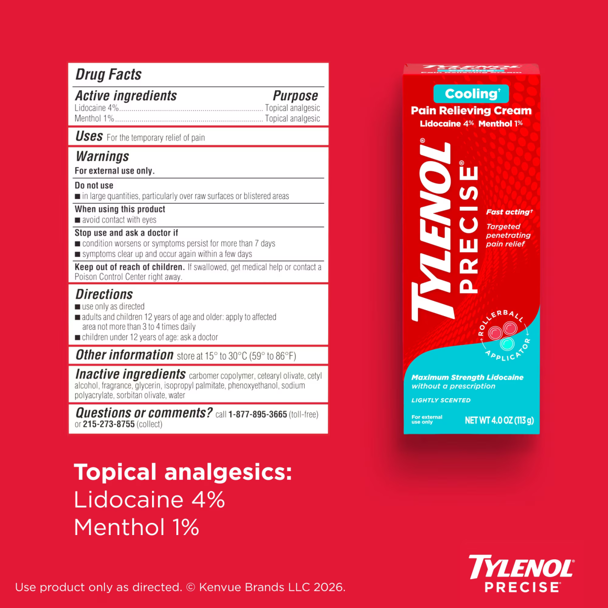 Kem Giảm Đau Làm Mát Tylenol Precise Cooling Pain Relieving Cream với Lidocaine & Menthol – Tuýp 113g
