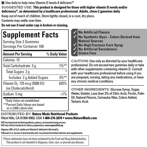 Kẹo Dẻo Bổ Sung Vitamin D3 Nature Made Extra Strength 5000 IU (125 mcg) – Hộp 200 Viên