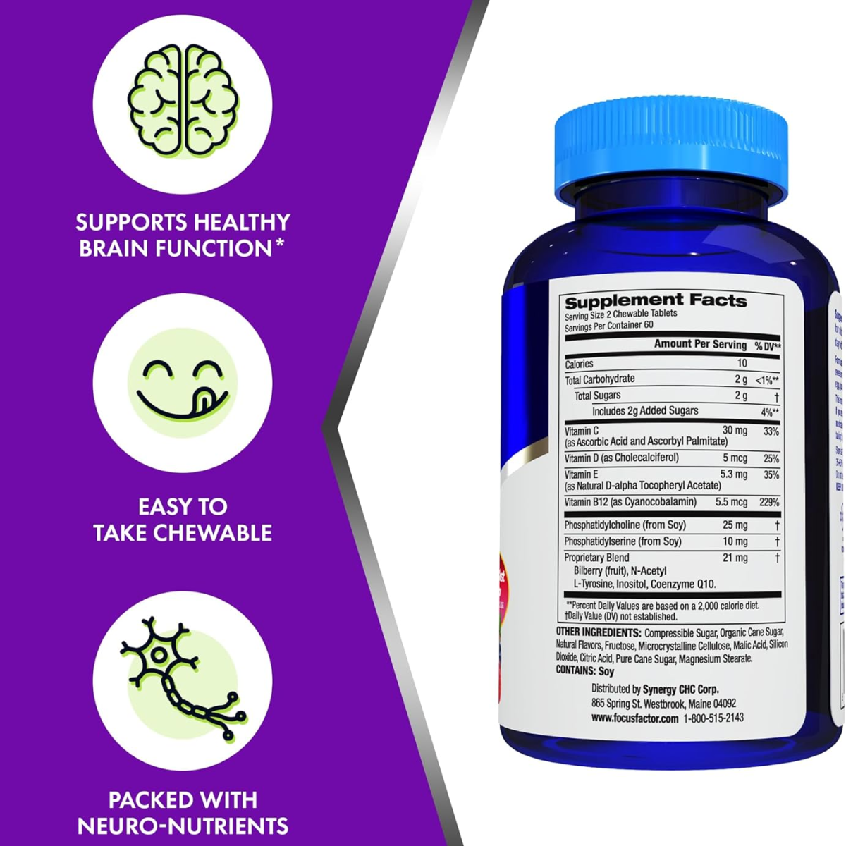 Viên Nhai Vitamin Tổng Hợp & Hỗ Trợ Não Bộ Cho Trẻ Focus Factor Kids Extra Strength Berry Blast – Hộp 120 viên