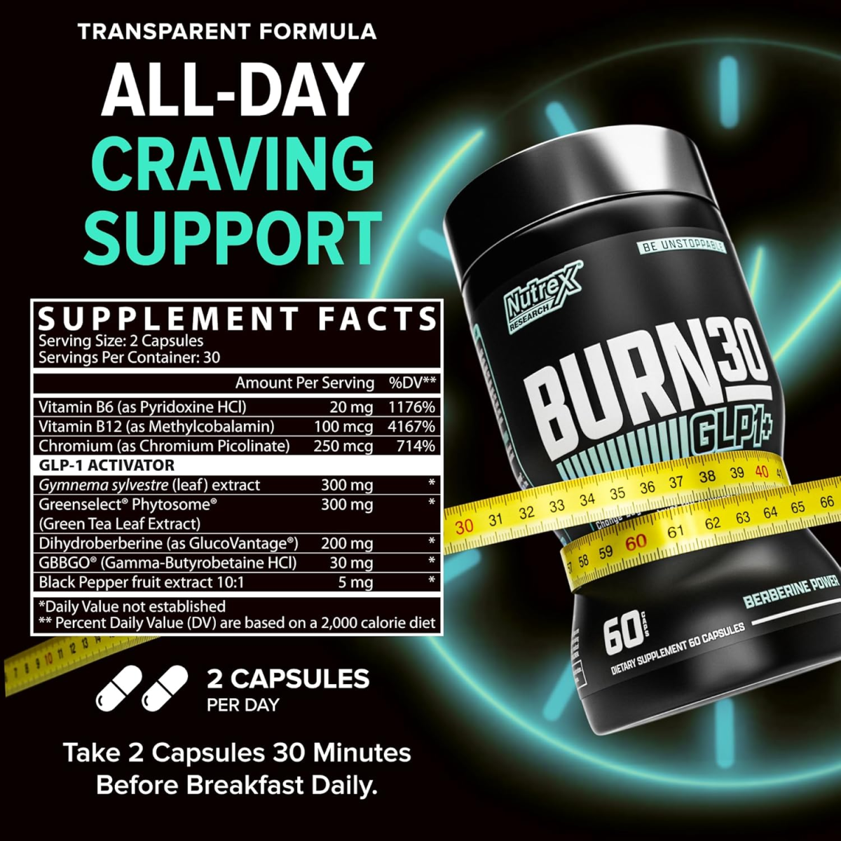 Viên Uống Hỗ Trợ Kiểm Soát Cân Nặng Nutrex Research BURN30 GLP-1 – Hộp 60 Viên 