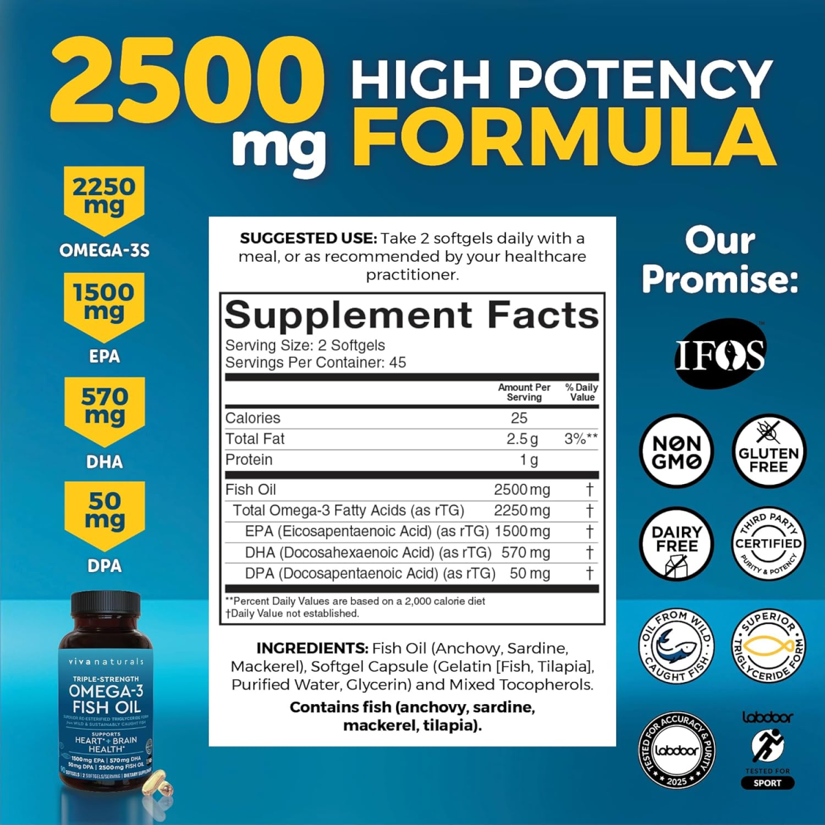 Viên Uống Dầu Cá Viva Naturals Triple-Strength Omega-3 Fish Oil 2500mg – Hộp 90 Viên