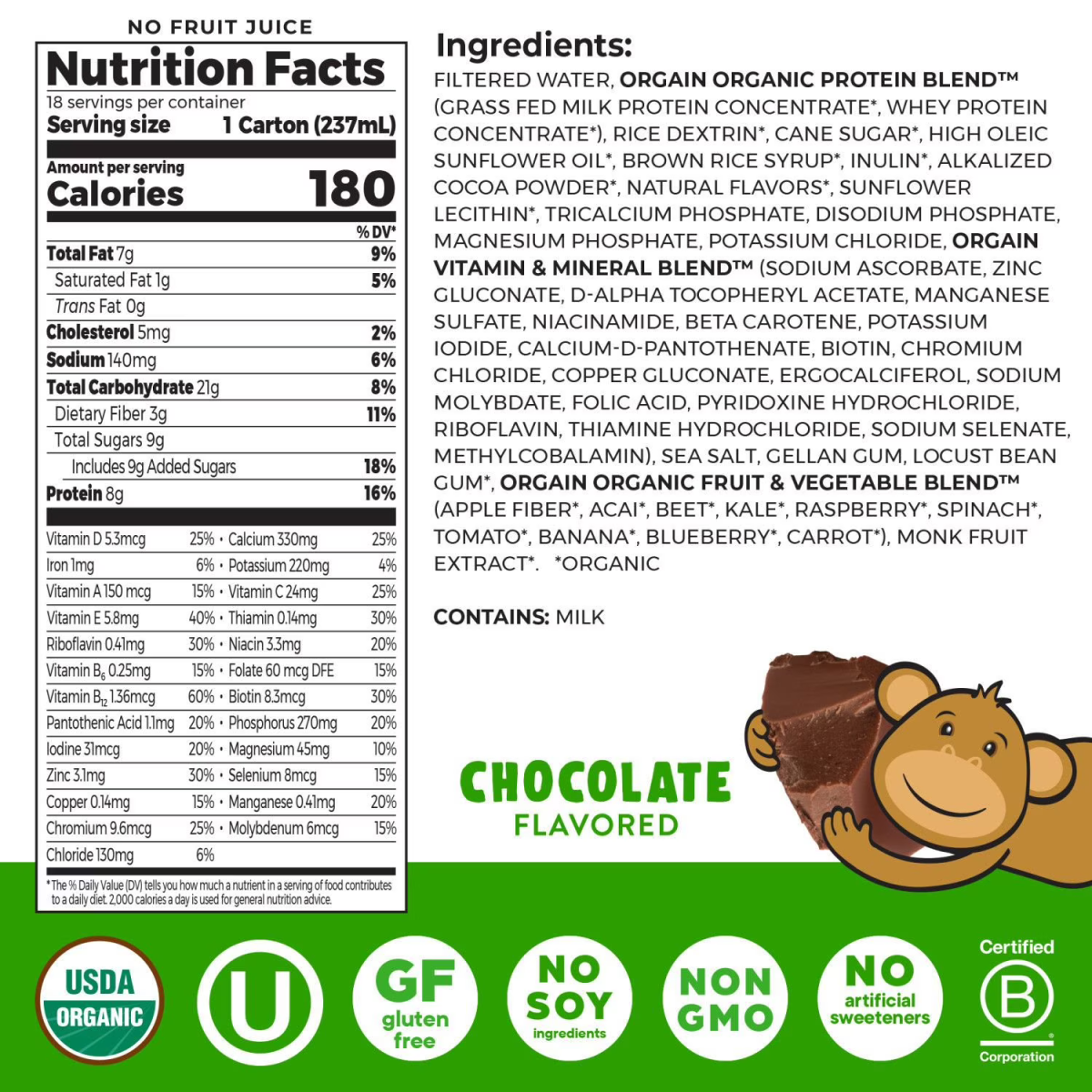Sữa Dinh Dưỡng Hữu Cơ Vị Socola Orgain Kids Organic Nutritional Shake Chocolate – Thùng 18 Chai x 8 Oz