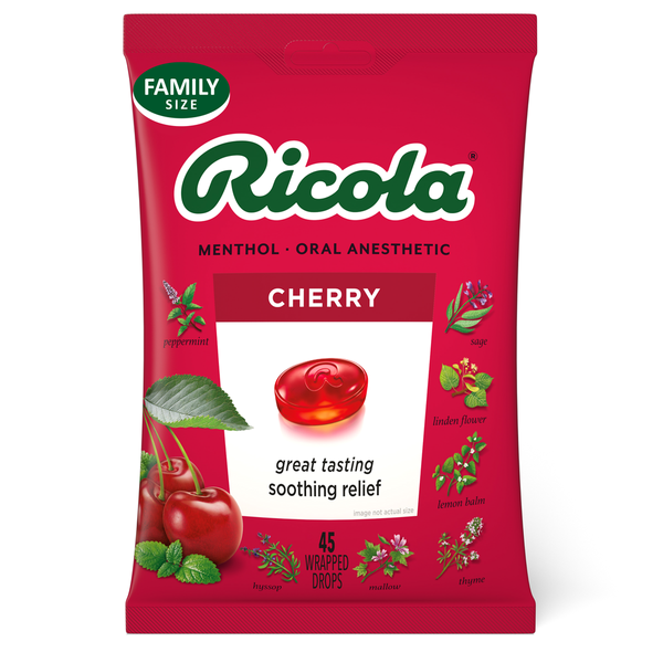 Viên Ngậm Hỗ Trợ Giảm Ho Và Làm Dịu Cổ Họng Vị Cherry Ricola Cherry Drops – Hộp 45 viên
