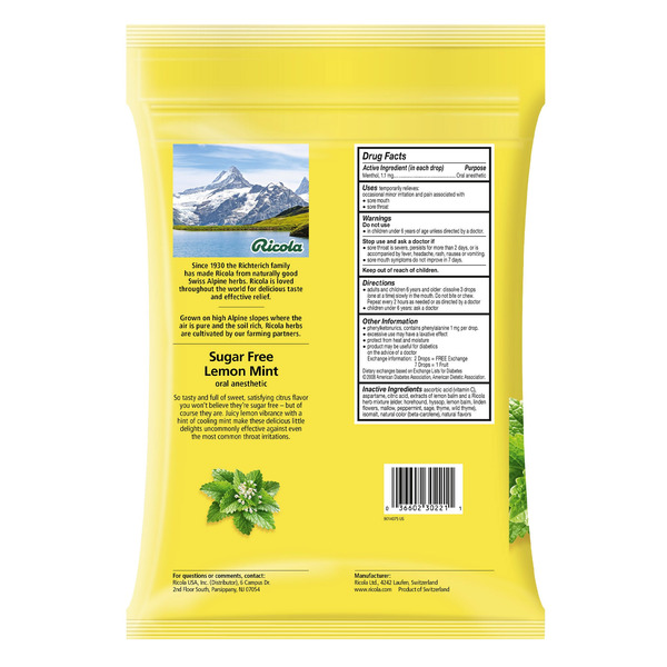 Viên Ngậm Hỗ Trợ Giảm Ho Và Làm Dịu Cổ Họng Ricola Sugar Free LemonMint Herb Throat Drops - Set 2 Gói x 105 Viên