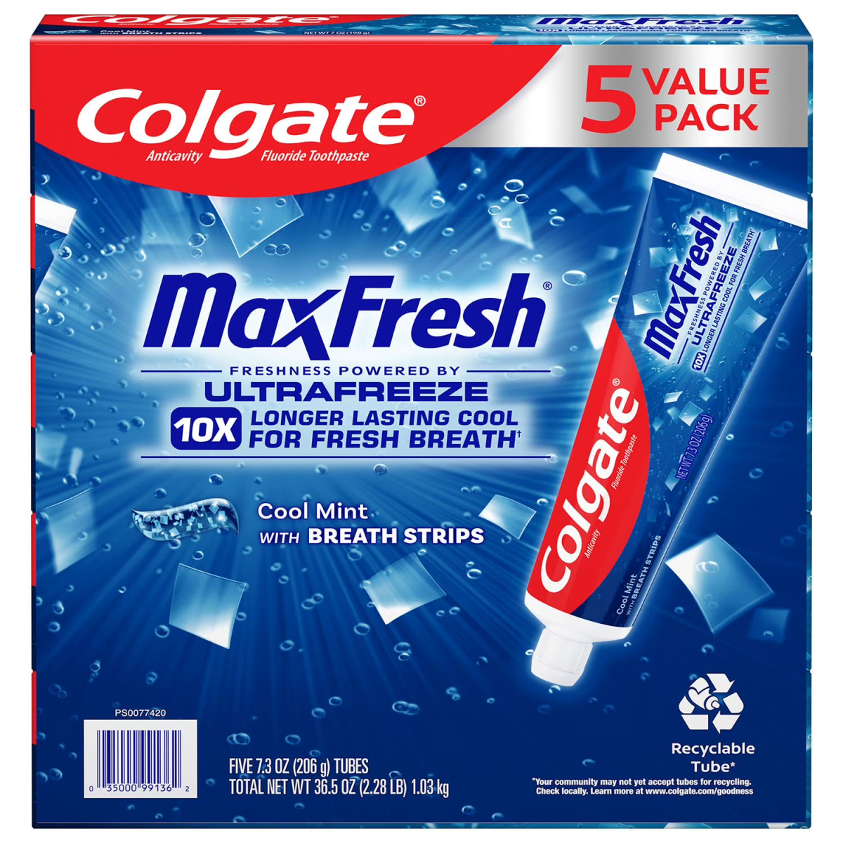 Kem Đánh Răng Colgate MaxFresh Toothpaste with Mini Breath Strips Cool Mint - 5 Tuýp X 206g