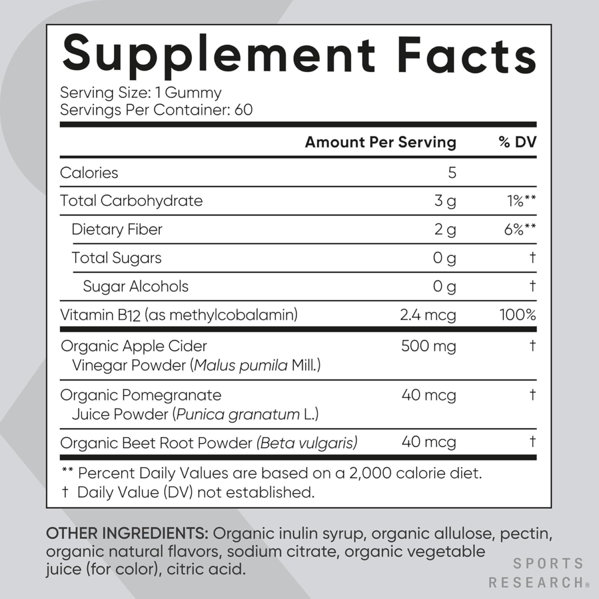 Viên Nhai Giấm Táo Sports Research Apple Cider Vinegar Gummies 500mg – Hộp 60 Viên