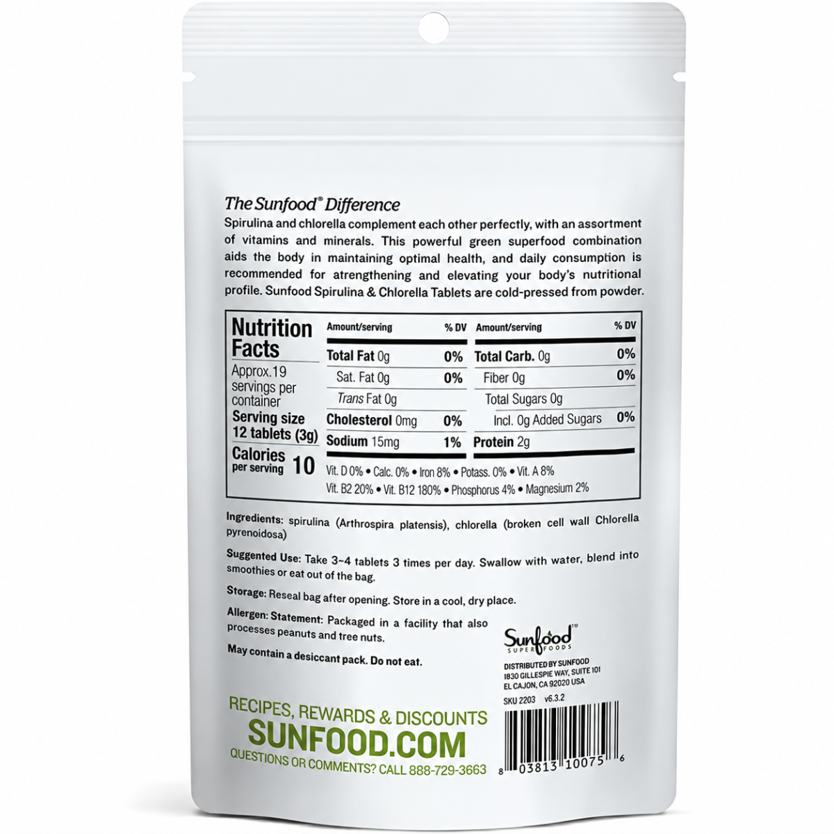 Viên Uống Tảo Xoắn và Tảo Lục Sunfood Superfoods 2-in-1 Spirulina & Chlorella Tablets – Túi 2 Oz