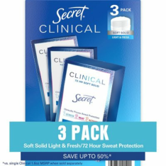 Lăn Khử Mùi Secret Clinical Strength Soft Solid Antiperspirant and Deodorant Hương Light & Fresh - Hộp 3 Thanh