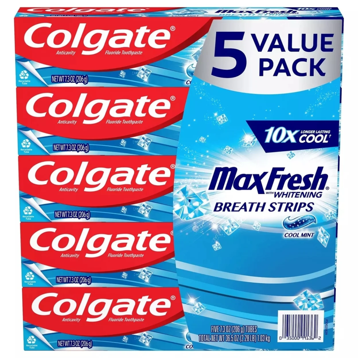 Kem Đánh Răng Colgate MaxFresh Toothpaste with Mini Breath Strips Cool Mint - 5 Tuýp X 206g