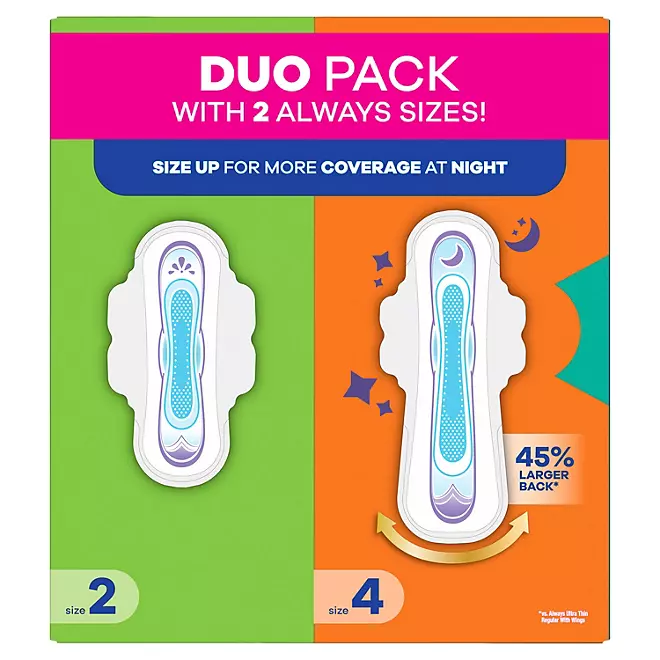 Băng Vệ Sinh Always Ultra Thin Pads Duo Pack Size 2 và Overnight Size 4 - Hộp 74 Miếng