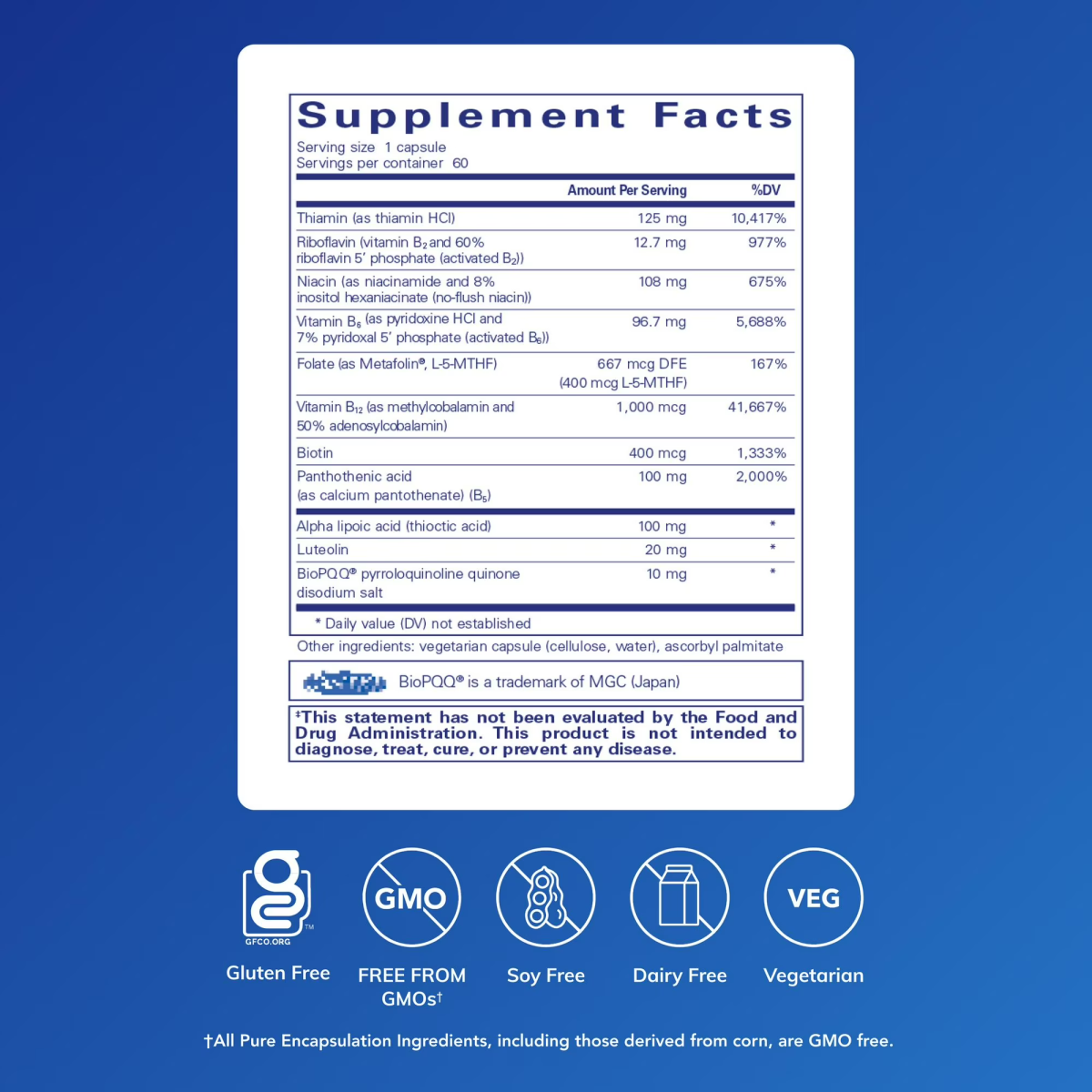 Viên Uống Vitamin B Tổng Hợp Pure Encapsulations Ultra B-Complex with PQQ – Hộp 60 Viên